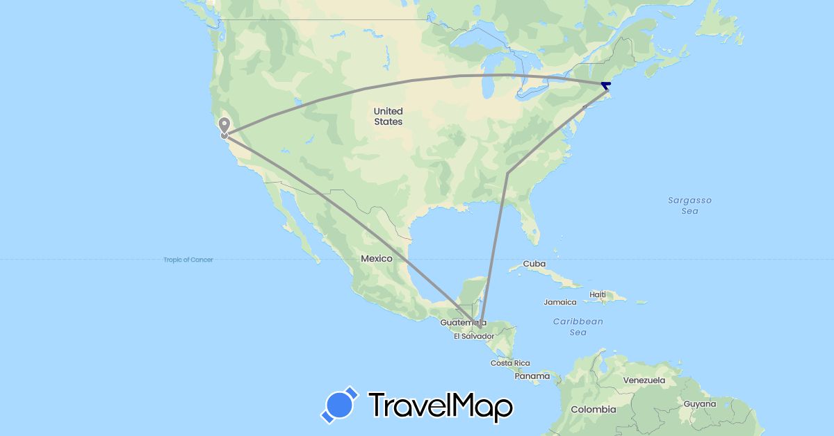 TravelMap itinerary: driving, plane in Honduras, United States (North America)